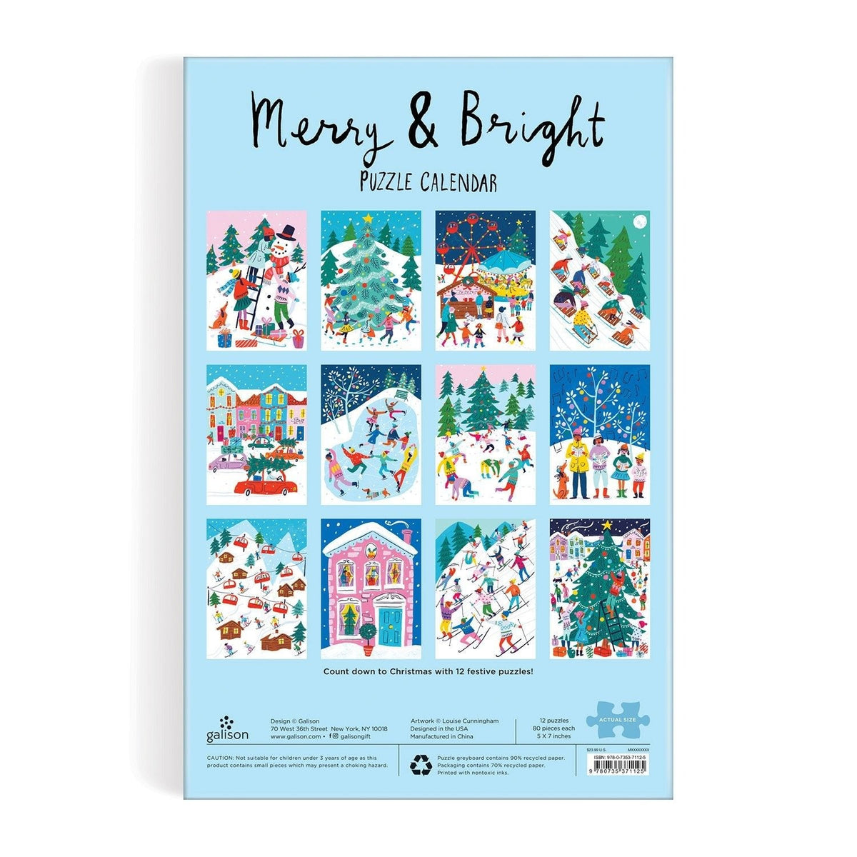 Louise Cunningham Merry and Bright 12 Days of Christmas Advent Puzzle Calendar - Galison